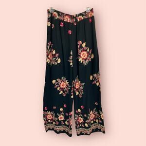 Liv Los Angeles Womens Large Black Floral Embroidered Wide Leg Bohemian Pants